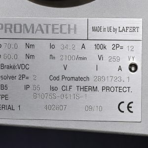 LAFERT PROMATECH B1075P-04112-1 industrial servo motor nameplate showing technical specifications including 70Nm torque, 2100 RPM speed, IP65 protection rating, and CE certification.