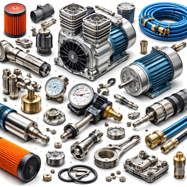 Uhuud Global compressor parts category including valves, filters, seals, and other accessories used in industrial and commercial compressors.