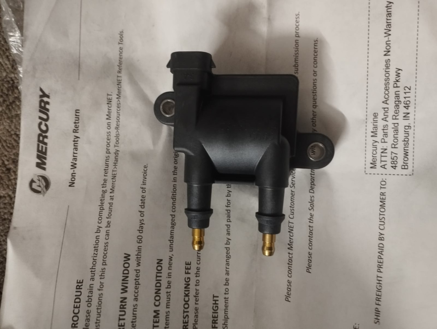 Mercury 8M0044991 Original Equipment Manufacturer (OEM) ignition coil for Mercury 40-300 HP EFI outboard motors.